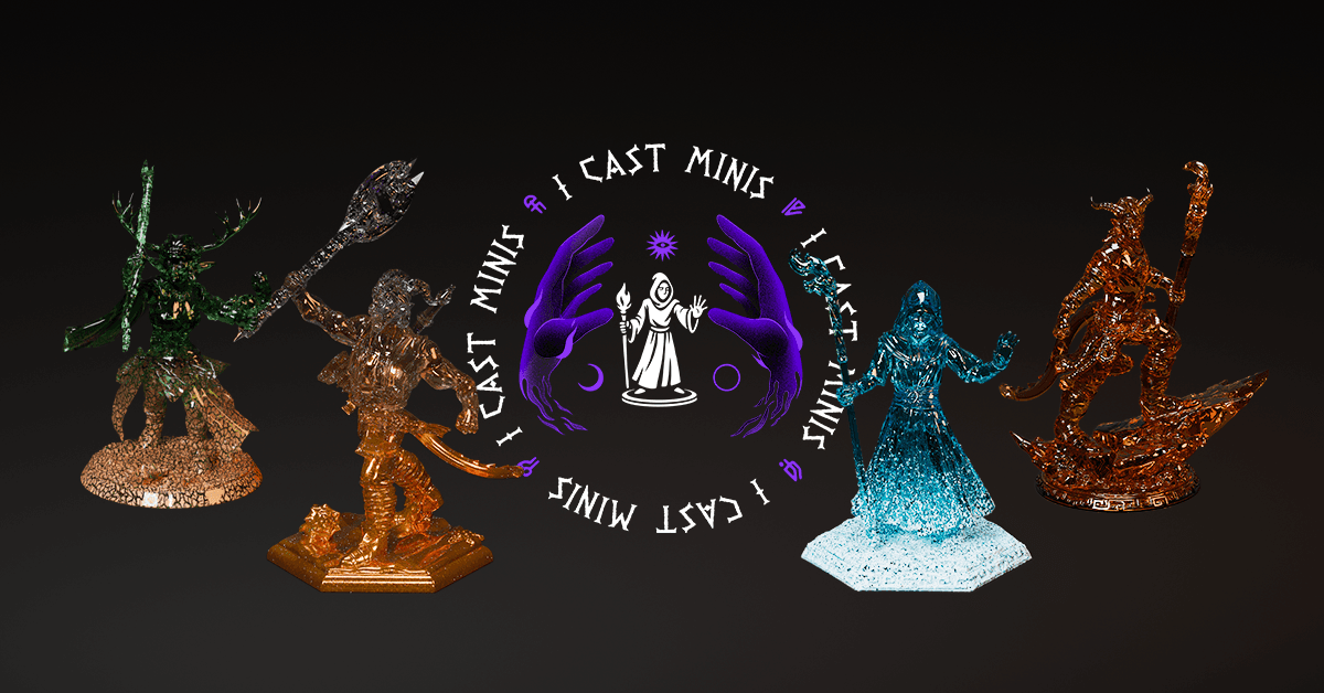 Colourful fantasy miniatures surrounding the I Cast Minis logo